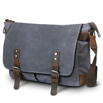 SUVOM Mens Canvas Leather Laptop Messenger Bag Shoulder Crossbody Bag School Satchel-14 Inch