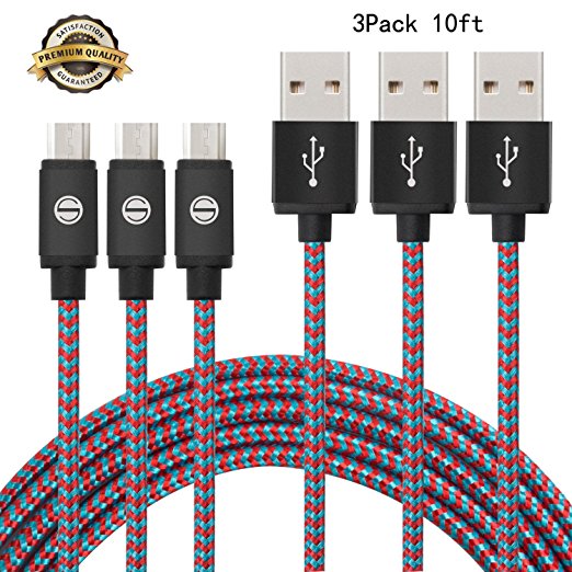 SGIN Micro USB Cable,3-Pack 10ft Nylon Braided Charging Cord - Extra Long USB 2.0 Sync and Charge for Android Devices, Samsung Galaxy, Sony, Motorola Nokia,and More(Red Blue)