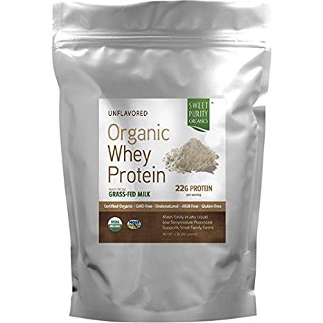 GRASS FED Organic Pure Whey Protein Powder Concentrate - Gluten Free Sugar Free Natural Unflavored (2 LB)
