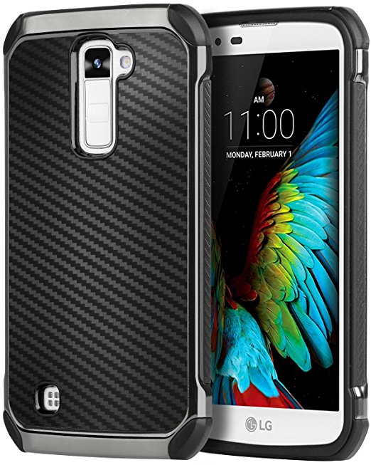 LG K10 Case, LG Premier LTE L62VL L61AL Case, BENTOBEN 2 in 1 Hybrid Hard PC TPU Bumper Carbon Fiber Texture Chrome Shockproof Protective Case for LG K10 (2016) / LG Premier LTE L62VL L61AL, Black