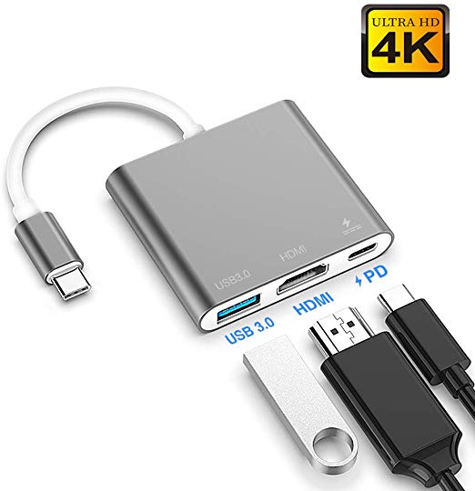 USB C to HDMI Multiport Adapter,Type C Hub to 4K HDMI with USB 3.0 Port and USB C Charging Port, USB-C to HDMI Adapter for MacBook Air/MacBook Pro/Galaxy S10/S9/Surface Pro 7/Book 2/Go (Gray)