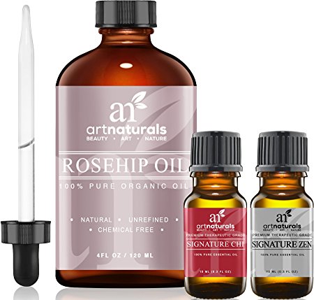 Art Naturals Rosehip Seed Oil 3 Piece Set - 100% Certified Organic - Pure Virgin, Cold Pressed & Unrefined 4oz - Best Natural moisturizer to heal Dry Skin, Fine Lines & Scars