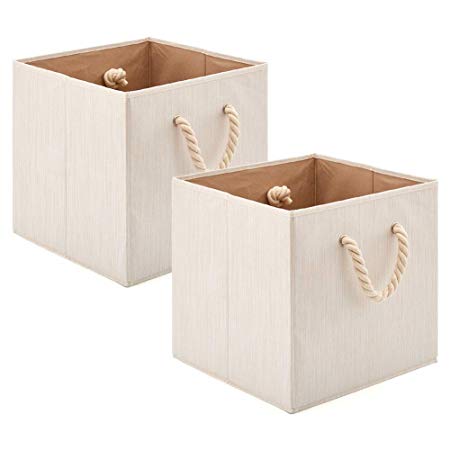 Set of 2 EZOWare Foldable Bamboo Fabric Storage Bin with Cotton Rope Handle, Collapsible Water Resistant Basket Box Organizer for Shelves, Closet, and More – Beige (13x13x13inch)