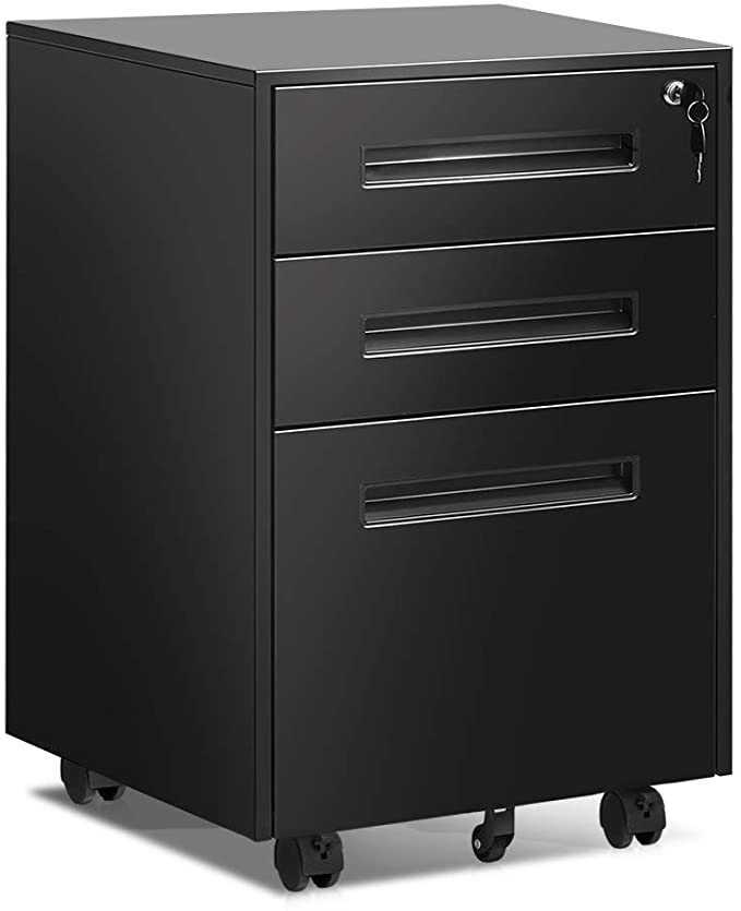 BonusAll Moblie 3 Drawers File Cabinet with Lock, Under Desk Filing Cabinet for Legal/Letter/A4/F4 Size, Anti-tilt Design Rolling File Cabinet for Office Home (Black B)