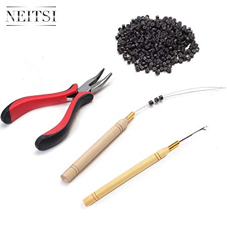Neitsi Hair Extension Remove Pliers   Pulling Hook   Bead Device Tool Kits   500pcs 5mm Micro Rings (Dark Brown# Beads)