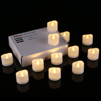 Homemory Realistic and Bright Flickering Battery Operated Flameless LED Tea Light for Seasonal & Festival Celebration, Pack of 12, 1.5x1.5 Inch, Electric Fake Candle in Warm White and Wave Open.