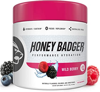 Honey Badger Vegan Hydration Post Workout | Wild Berry | Natural Caffeine Free Plant-Based Electrolytes Supplement Nootropics Sucralose Free Alpha-GPC AlphaSize   Beets | 30 Servings