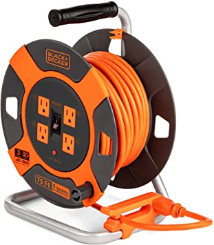 Black   Decker Retractable Extension Cord, 75 ft, with 4 Outlets - 14AWG SJTW Cable - Heavy-Duty Outdoor Power Cord Reel w/ Multi-Plug Extension, Easy Handle Rewind - Premium Cord Retractor for Garden