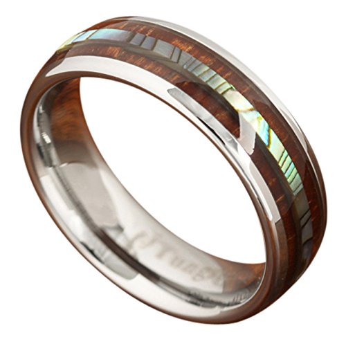 6mm Genuine Koa Wood Tungsten Ring With Abalone Center