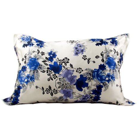 IBraFashion Silk Pillowcase for Hair and Skin Beauty Blue Floral Print Standard/Queen