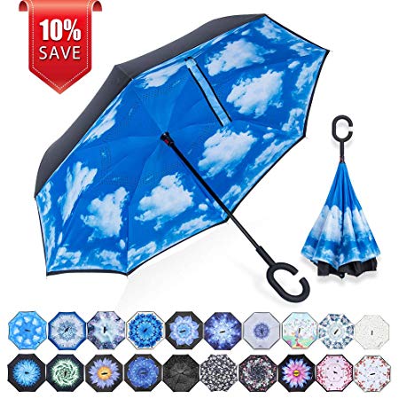 ZOMAKE Double Layer Inverted Umbrella Cars Reverse Umbrella, UV Protection Windproof Large Straight Umbrella for Car Rain Outdoor With C-Shaped Handle