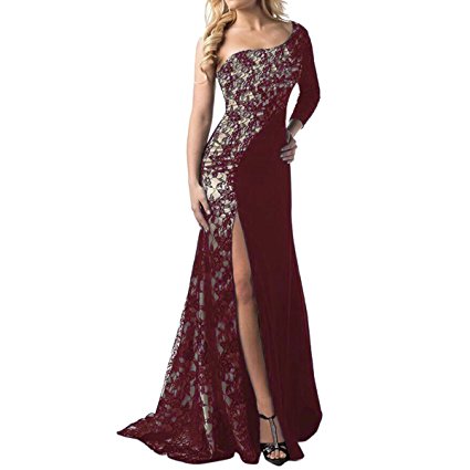 Sue&Joe Women's Prom Gowns One Shoulder Lace Long Sleeve Mermaid Slit Maxi Dress