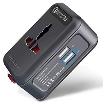 REALIKE International Universal Travel Adapter Plug Converter with QC3.0 Fast USB Charging Ports for Europe/UK/US (Black)
