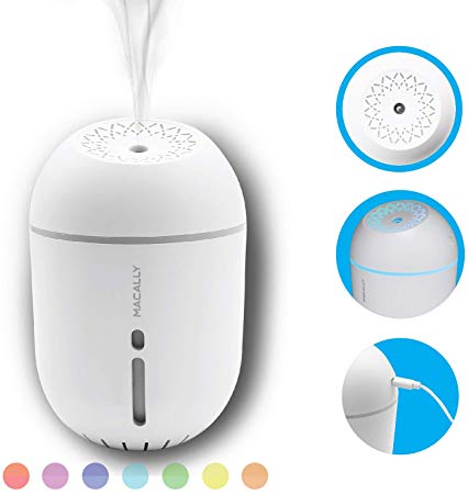 Macally Ultrasonic USB Portable Humidifier Mini with Cool Mist & Color Changing LED - Perfect for Easier Breathing in Home and Office with Quiet 2 Mode Mist - White
