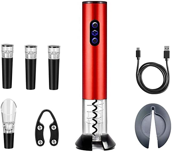 Hotool Electric Wine Opener, Automatic Electric Wine Bottle Corkscrew Opener with Wine Pourer, Vacuum Wine Stoppers(3pcs), Base,Foil Cutter, USB C Charging Cable, Perfect Wine Gifts Set (Red)