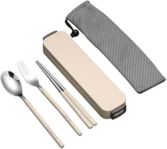 YBOBK HOME Portable Flatware Set with Case Stainless Steel Chopsticks Fork and Spoon Reusable Flatware Set Dishwasher Safe Utensils with Colored Handle for to Go Anywhere (Beige)