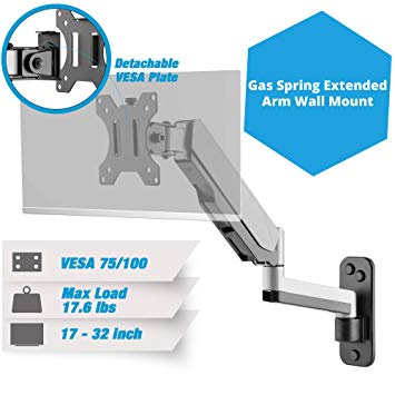 AVLT-Power Aluminum Single Gas Spring Monitor Wall Mount with Extended Arm - Ergonomic Fully Adjustable, Heavy Duty Holds 17" to 32" Screens, Up to 17.6 lbs, Extends Out 16.6". VESA 75x75 or 100x100