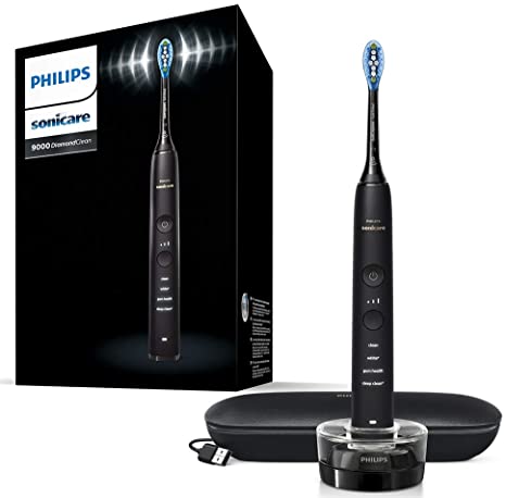 Philips Sonicare DiamondClean 9000 Black Electric Toothbrush, 2020 Edition, 4 Modes, 3 Intensities, Gum Pressure Sensor, App, Connected Handle, USB Travel Case, UK 2-Pin Bathroom Plug - HX9911/39