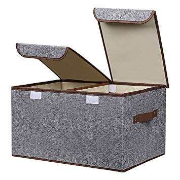 UUJOLY Large Storage Bins Linen Fabric Foldable Basket Cubes Organizer Storage Drawer with Lid and Handles for Home, Office, Closet, Bedroom, Nursery (Gray)
