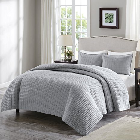 Comfort Spaces - Kienna Quilt Mini Set - 3 Piece - Gray - Stitched Quilt Pattern - King size, includes 1 Quilt, 2 Shams