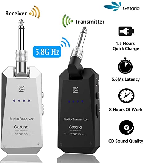 Getaria 5.8GHz Wireless Guitar System Rechargeable Audio Guitar System Wireless Digital Transmitter Receiver Set for Electric Guitar Bass (Silver Black)