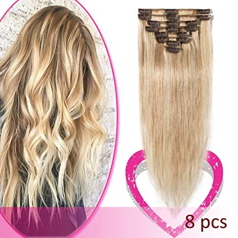 20" Remy Clip in Hair Extensions 100% Human Hair 75g Standard Weft 8 Pcs 18 Clips Straight Hair for Women Beauty Gift Balayage #18/613 Ash Blonde Mix Bleach Blonde