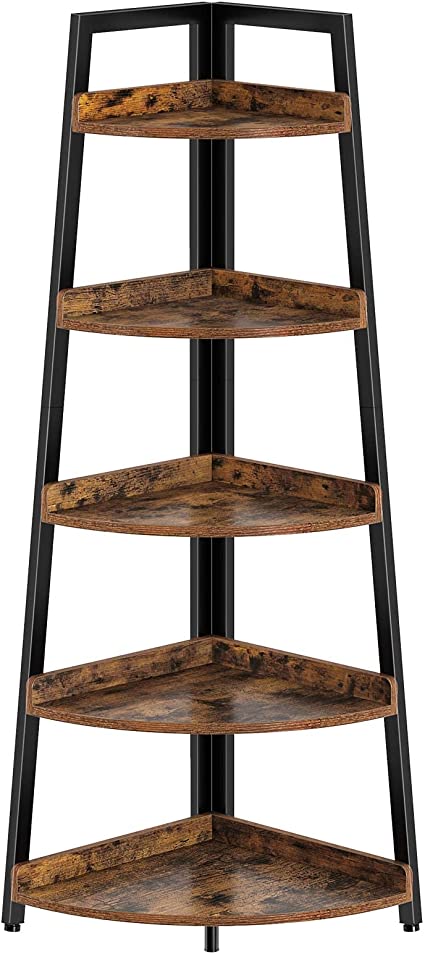 Rolanstar Corner Shelf 5 Tier, 58.3 inch Tall Corner Bookshelf, Rustic Brown Modern Corner Ladder Shelf Plant Stand for Living Room, Kitchen, Home Office