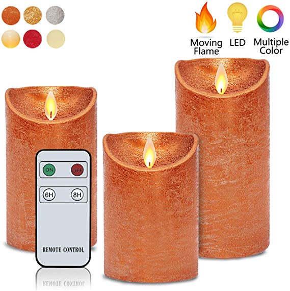 Flameless Candles Moving Flame Led Candles H4"5"6" xD3" Set of 3 Real Wax Battery Operated Decorative Candles with Timer Copper