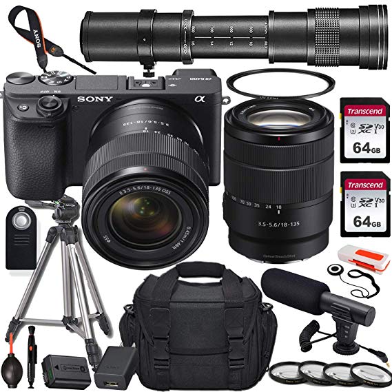 Sony Alpha a6400 Mirrorless Digital Camera with 18-135mm and 420-800mm Telephoto Lens   2X 64GB Memory Card, UV & Close-up Filters, Microphone, Portable Tripod, Gadget Bag & More