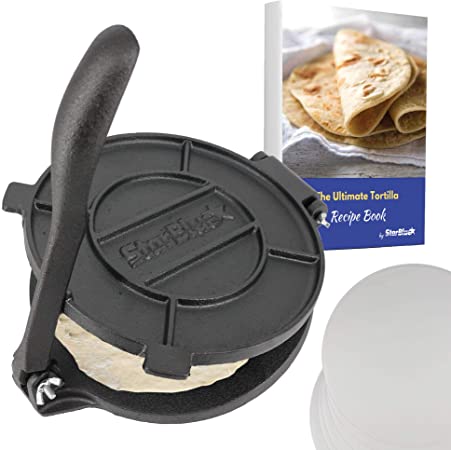 8 Inch Cast Iron Tortilla Press by StarBlue with FREE 100 Pieces Oil Paper and Recipes e-book - Tool to make Indian style Chapati, Tortilla, Roti