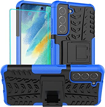 Yiakeng Samsung S21 FE Case, Galaxy S21 FE Case with HD Screen Protector, Shockproof Silicone Protective with Kickstand Hard Phone Cover for Samsung Galaxy S21 FE (Blue)