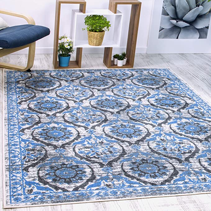 Antep Rugs Casa Azul Collection Geometric Floral Non-Skid (Non-Slip) Low Profile Pile Rubber Backing Indoor Area Rug (Blue/Grey, 8'2" x 9'10")