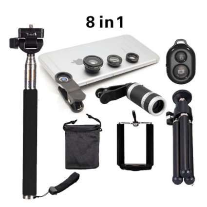 Best Deal! 8in1 Phone Camera Lens Kit 8X Zoom Telescope Camera Lens Flexible Tripod 3in1 Lens Clip Small Pouch Selfie Stick monopod Bluetooth Shutter for iPhone, Samsung, Smartphone, etc