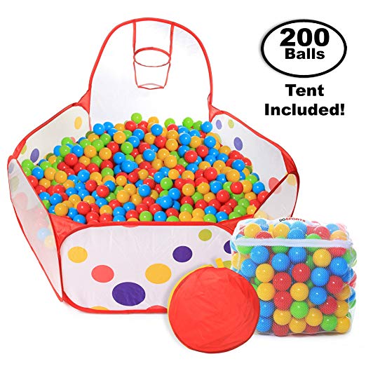 Pop Up Kids Ball Pit, Bundle Combo with 200 Colored Plastic Balls (BPA Free) - Playing Tent with Basketball Hoop - Ideal for Fun, Education and Therapy for Toddlers, Babies, kids – Indoor/Outdoor Play