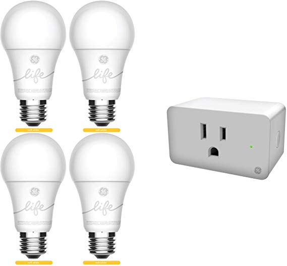 C by GE Smart Bundle Pack with 4 Smart Bulb and Smart Plug (4 LED A19 Soft White Bulbs   On/Off Smart Plug), Works with Alexa and Google Assistant, WiFi Enabled