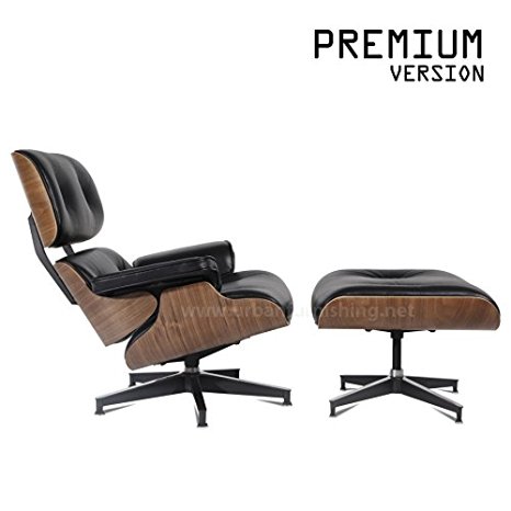 Urban Furnishing - Mid Century Plywood Lounge Chair & Ottoman - Black Aniline Leather