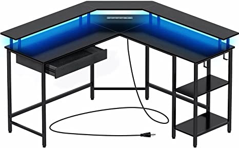 Rolanstar Computer Desk with Drawer,55" L Shaped Computer Corner Gaming Desk with LED Strip & Power Outlets and Monitor Stand,Home Office Desk with USB Port&Hook,Black