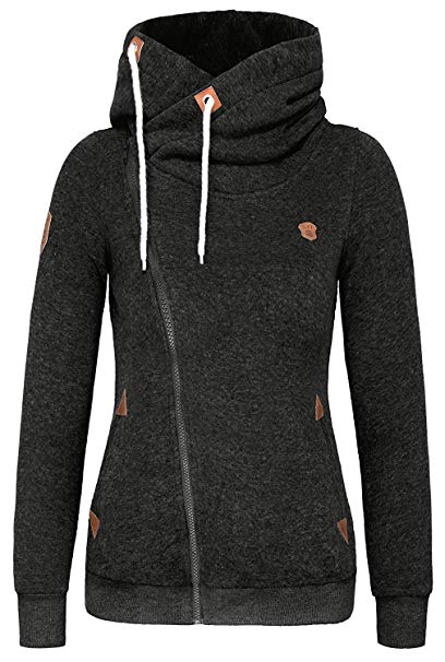 FANTIGO Women's Oblique Zipper Hoodie Sweatshirt Slim Fit Coat