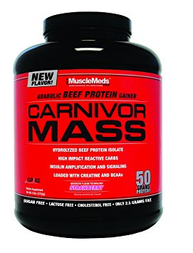 MuscleMeds Carnivor Mass Anabolic Beef Protein Gainer, Strawberry, 6 Pound