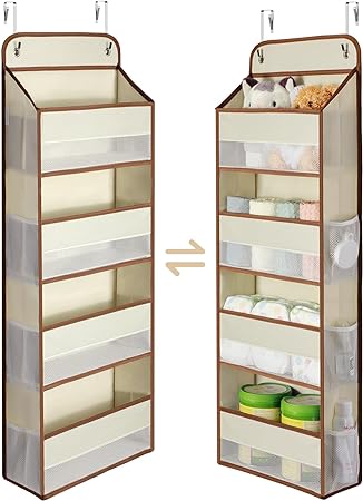 Yecaye 1 Pack Over the Door Storage Organizer, 35.2lbs Load Closet Door Organizer Hanging, No Sagging Bathroom Organizer with 4 Bins 6 Side Pockets, Door Storage for Nursery Baby Essentials, Beige