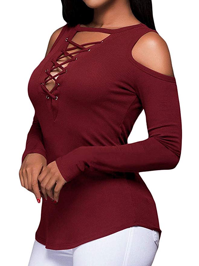 Women's Cold Shoulder Casual Long Sleeve Lace-Up Stretchy Shirt Blouse Tops