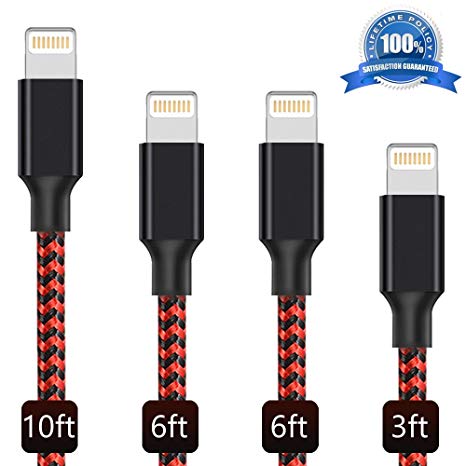 Lightning Cable,AOFU Charger Cables 4Pack 3FT 6FT 6FT 10FT to USB Syncing Data and Nylon Braided Cord Charger for iPhone X/8/8Plus/7/7Plus/6/6Plus/6s/6sPlus/5/5s/5c/SE and More (Black Bred)