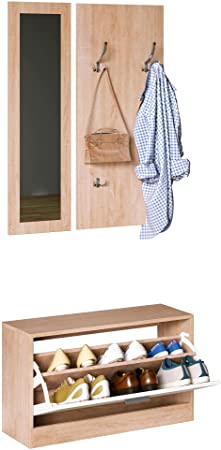 HOMCOM 3 en 1 Juego de Muebles de Entrada con Zapatero Espejo y Perchero con 4 Ganchos para Colgar Ropa para Recibidor Pasillo 80x27x46,5 cm Madera