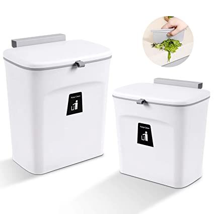 2 Pack Hanging Trash Can with Sliding Cover Built-in Bin Waste Bin with Lid for Kitchen Cabinet Door