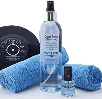 Vinyl LP Record Cleaner Kit - by Vinyl Clear. 250ml Premium Quality Record Cleaning Fluid with Atomiser Bottle, Foldaway Stand, Two Microcloths & Instructions. Plus free 10ml Stylus Cleaning Fluid.