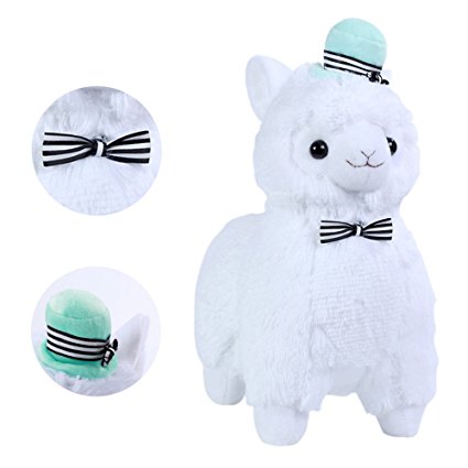 KSB 14" White Plush Alpaca With Tie And Hat,Cute Soft Stuffed Animals Cushion Toy Doll,Best Birthday Gifts For The Children Kids Over 1 Years-1 PCS