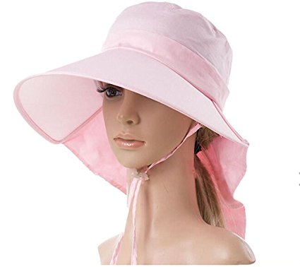 Ls Lady Womens Summer Flap Cover Cap Cotton Anti-UV UPF 50  Sun Shade Hat with Bow. Adjustable Hat