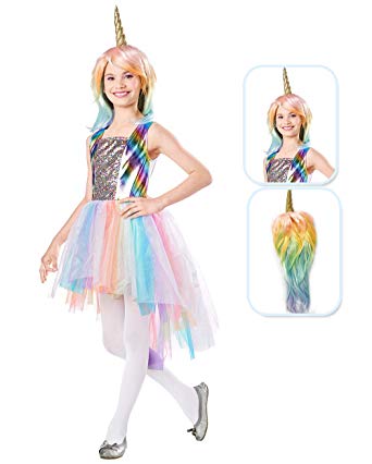 Seasons Direct Halloween Girls Pastel Rainbow Unicorn Costume with Wig
