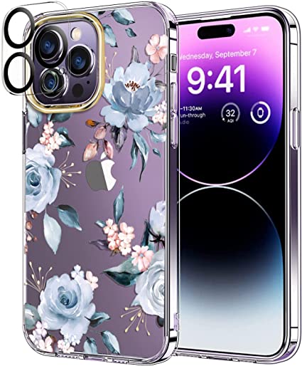 luolnh Compatible with iPhone 14 Pro Max Case with Flowers,for Girly Women,Shockproof Clear Floral Pattern Hard Back Cover for iPhone 14 Pro Max 6.7 inch 2022 -Blue