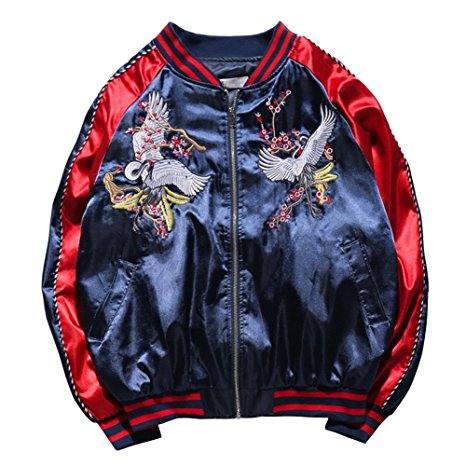 LETSQK Men's MA-1 Air Force Crane Embroidery Lightweight Baseball Bomber Jacket